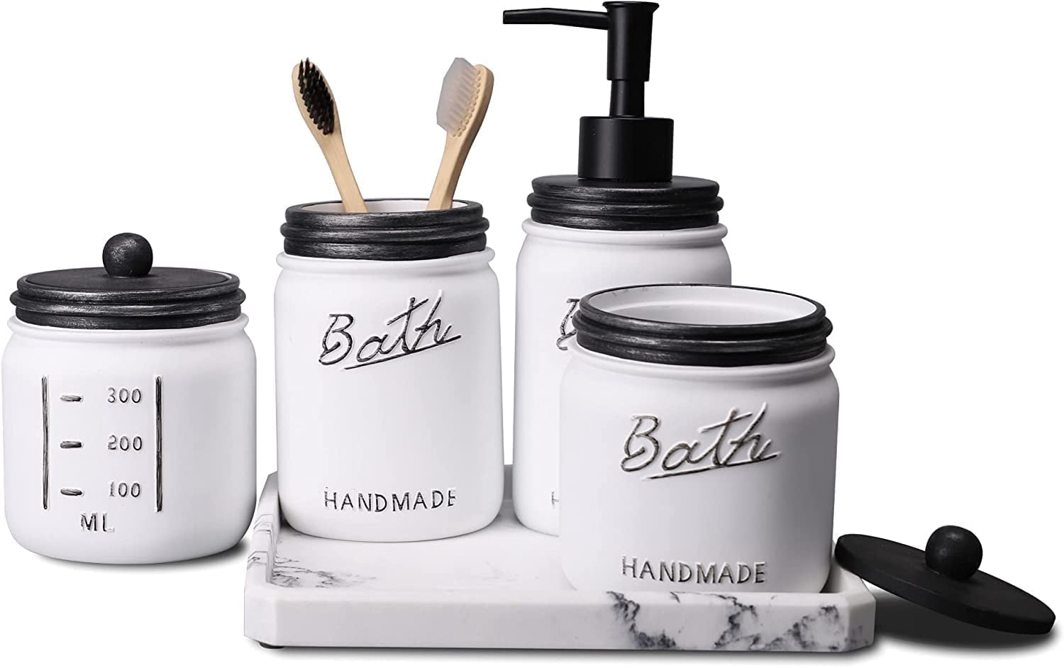 Mason Jar Bathroom Accessories - 5PCS Soap Lotion Dispenser Set 2 Apothecary Jars & 1 Toothbrush Holder & 1 Soap Dispenser & 1 Bathroom Tray - Bathroom Home Decor, Black Cover - Walmart.com