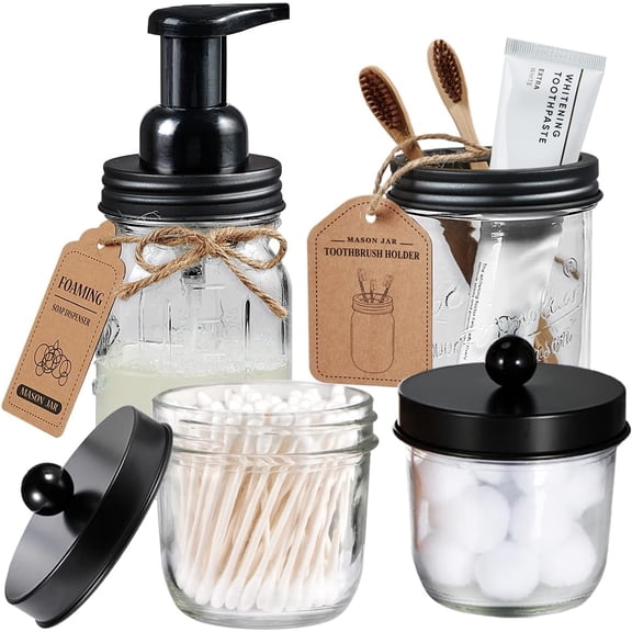 Mason Jar Bathroom Accessories Set(4 Pack) - Foaming Soap Dispenser&Qtip Holder Set&Toothbrush Holder-Rustic Farmhouse Decor Bathroom Organizer Apothecary Jar Country Countertop (Black)