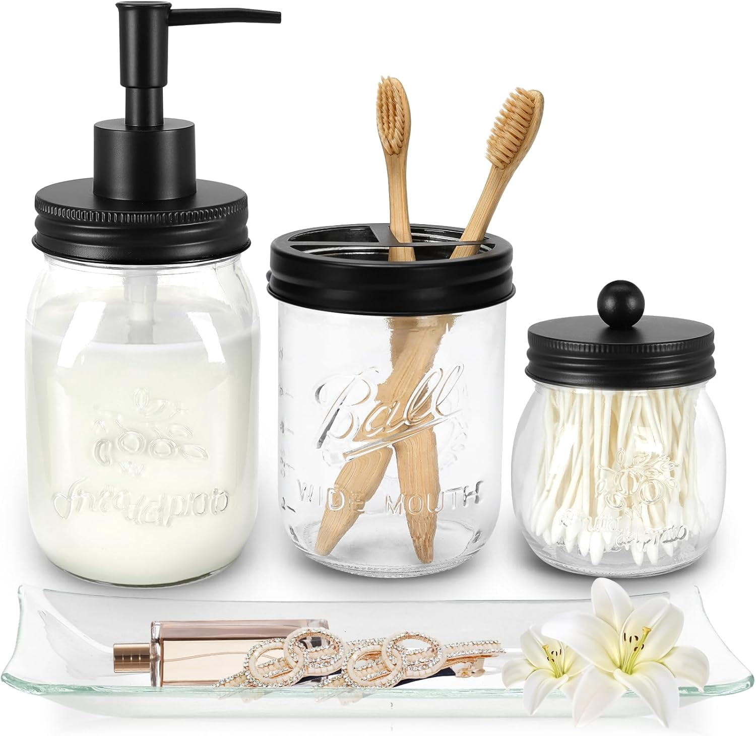 Mason Jar Bathroom Accessories Set, 4PCS Farmhouse Bathroom Organizer ...