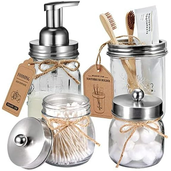Mason Jar Bathroom Accessories Set 4Pc - Foaming Soap Dispenser&2 Qtip Holders&Toothbrush Holder-Rustic Farmhouse Decor Bathroom Organizer Apothecary Jar Country Countertop (Brushed Nickel)