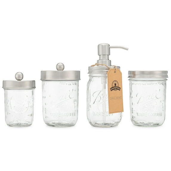 Mason Jar Bathroom Gift Set (4 pcs) - Lotion/Soap Dispenser, Toothbrush Holder, Q-Tip Storage Jars - Farmhouse Home Decor for Vanity Organization - Luxury Bathroom Accessories - Stainless Steel