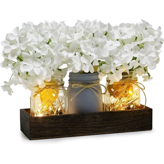 Mason Jar Centerpiece Table Decor for Dining Room Farmhouse Coffee Table Decor with Wood Tray Fairy Lights Fake Flowers for Valentine's Day Kitchen Living Dining Room - White 11 inches