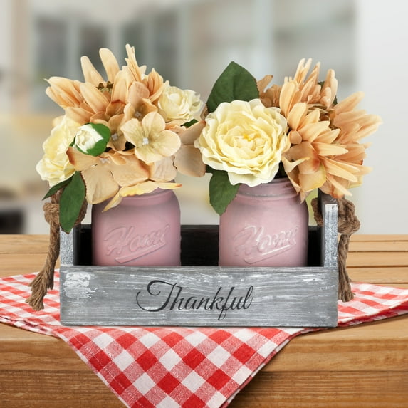 Mason Jar Centerpiece for Table, Island Centerpiece Decor with 2 Pink Mason Jars,Rose Bouquet Flowers for Home,Coffee Table,Dining Room, New Home Housewarming Gift