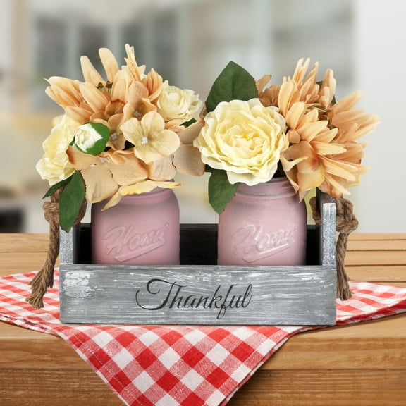 Mason Jar Centerpiece for Table, Island Centerpiece Decor with 2 Pink Mason Jars,Rose Bouquet Flowers for Home,Coffee Table,Dining Room, New Home Housewarming Gift