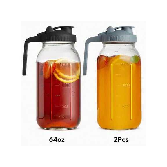 Mason Jar Cold Brew Coffee Maker 64oz, 2 Pack Thickened Glass Pitcher with Leakproof Flip Top Lid, Lead-Free Glass Breast Milk Storage Bottle for Fridge, 2pcs