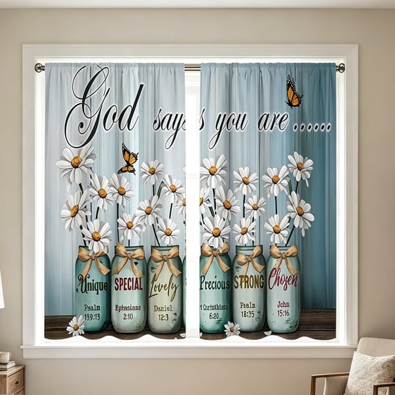 Mason Jar Daisy Butterfly God Quote Kitchen Curtain,Short Panel Window Valance for Sink,Breakfast Nook,Home Decor