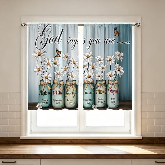 Mason Jar Daisy Butterfly God Quote Kitchen Curtain,Short Panel Window Valance for Sink,Breakfast Nook,Home Decor