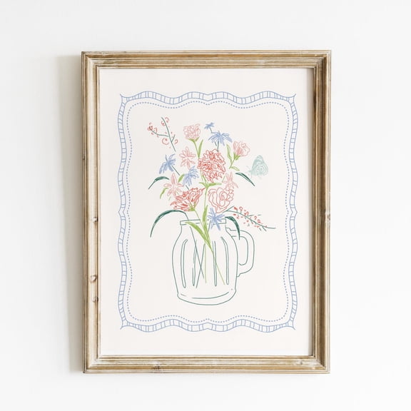 Mason Jar Doodle Bouquet Art Print Trendy Decor Abstract Vintage Painting English Garden Floral Cottage Wall Art Modern Wall Decor For Living Room Art
