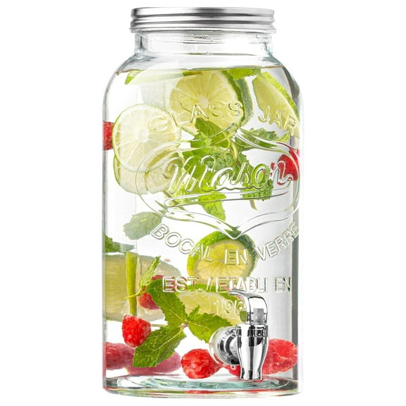 Mason Jar Drink Dispenser with Spigot (1 Gallon) Tea, Juice, and Beverage Server, Thick Glass, Screw On Lid, Leak Resistant Easy-Pull Spigots and Screw-On Lids Clear, Heavy-Duty Glass