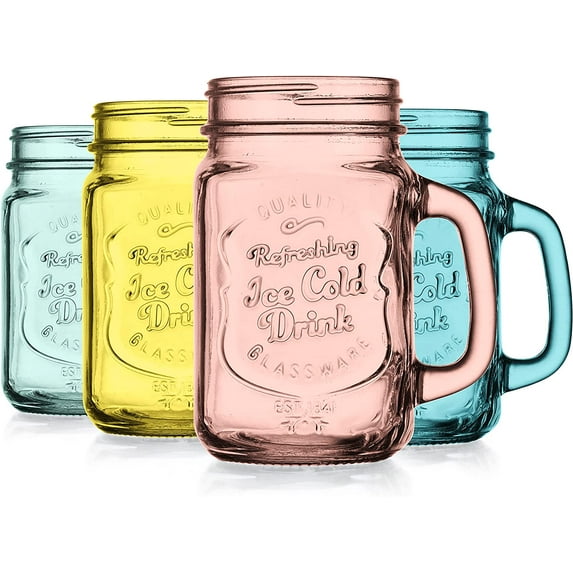 Mason Jar Drinking Glasses Set Of 4, 15 oz. Colored Mugs With Embossed Ice-Cold Drinkware Logo, Glass Mason Jar Mug With Handle. For Smoothies, Cocktails, Beverages. Hand Wash