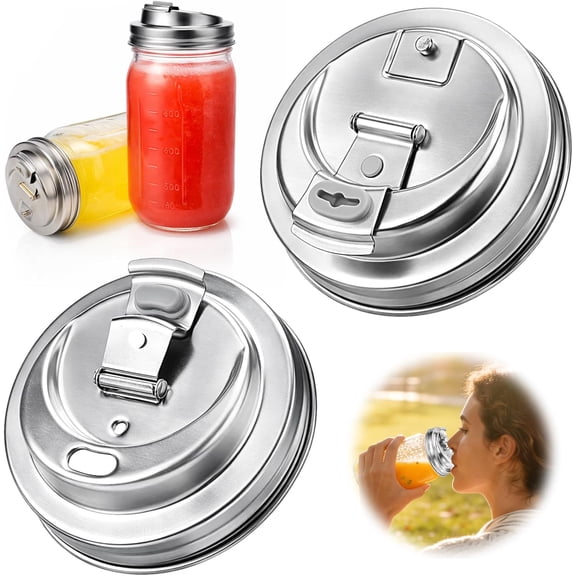 Mason Jar Drinking Lids, Wide Mouth Stainless Steel Sip Lids for Iced Coffee, Smoothies & Cold Drinks, Leak Resistant Reusable Mason Jar Drink Lid, Heavy Duty Metal, 2 Packs