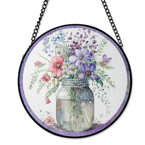 Mason Jar Flower Suncatcher Stained Glass Style UV Printed Glass Rustic Home Decor Round