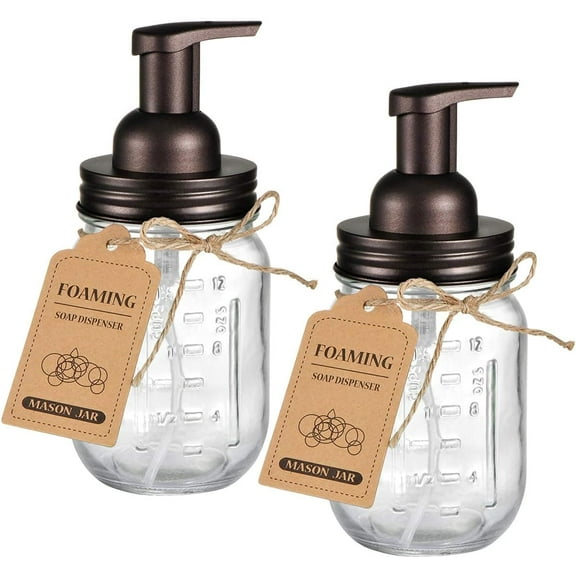 Mason Jar Foaming Soap Dispenser, Rustproof Stainless Steel Lid, BPA Free Foam Pump, Waterproof Labels, Rustic Farmhouse Decor Refill Hand Soap Dispenser Bathroom Accessories Bronze (2 Pack)