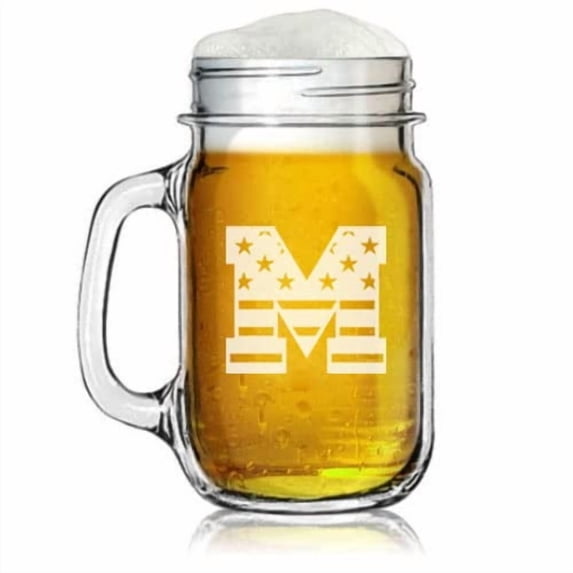 Mason Jar Glass 16 oz American Flag Letter Monogram (M)