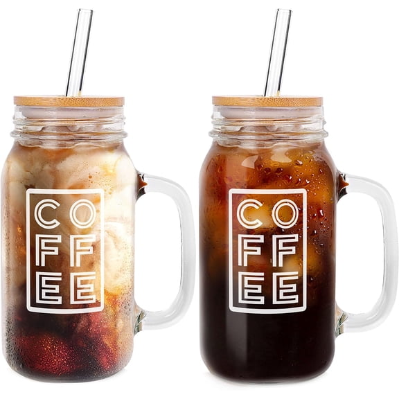 Mason Jar Iced Coffee Cup with Lid and Straw, 24oz Regular Mouth Mason Jars with Handle Glass Coffee Drinking Glasses Tumbler Reusable Cups Bottles for Iced Coffee Cups for Travel Office Home