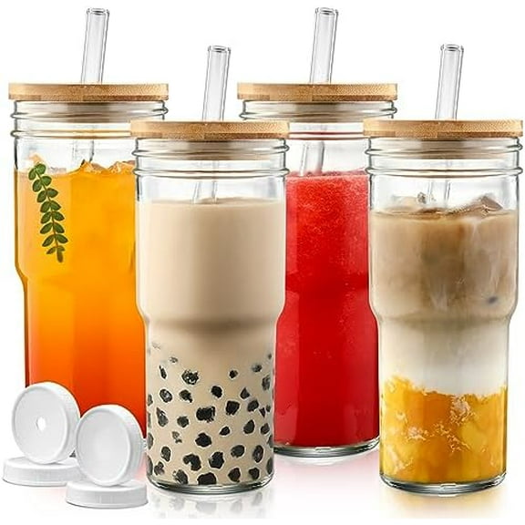 Mason Jar with Lid and Straw,24 oz Iced Coffee Cup with Bamboo Lid and Straw,Boba Cups Smoothie Tumbler-Wide Mouth Reusable Glass Cups with Lid and Straws【4 Pack】