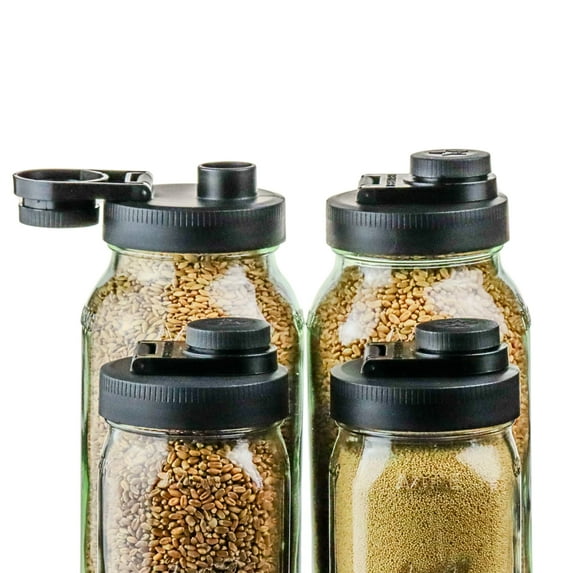 Mason Jar Lids Wide Mouth Plastic - Leak Proof Flip Cap - Black 4 Pack - Made in the USA