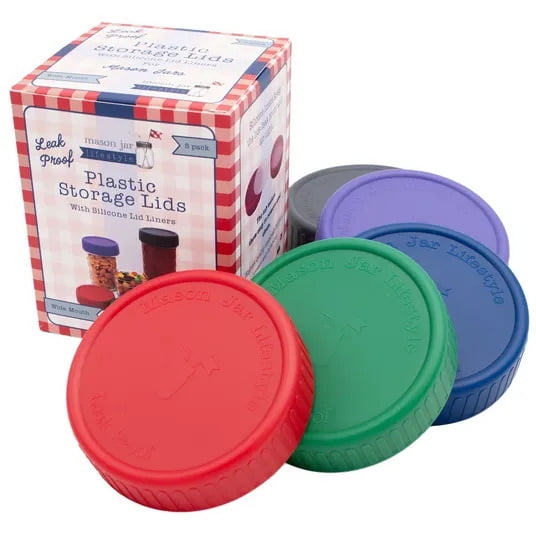 Mason Jar Lifestyle Leak Proof Plastic Storage Lids with Seals, Wide Mouth - 5 Pack