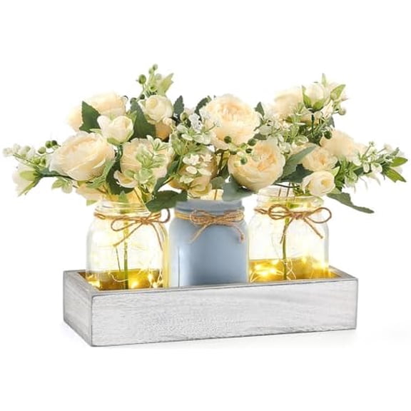 Mason Jar Lights Centerpiece Table Decor for Dining Room Farmhouse Wood Tray with 3 Jars Flowers Center Pieces Spring Decor for Coffee Table Kitchen Living Room, Grey Blue