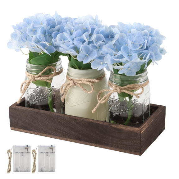 Mason Jar Lights Centerpiece Table Decorations for Dining Room Farmhouse Coffee Table Decor, Wood Tray with 3 Jars Flowers for Spring Living Room, Office, Hotel,Home Decor,Blue