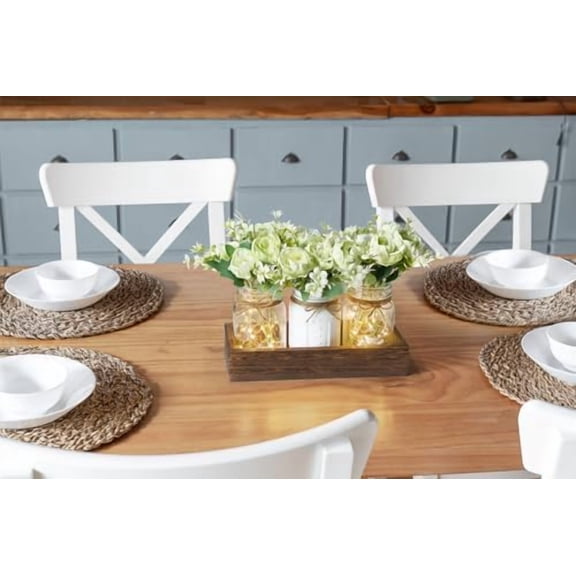 Mason Jar Lights Centerpiece Table Decorations for Dining Room Farmhouse Coffee Table Decor, Wood Tray with 3 Jars Flowers for St. Patrick's Day, Easter, Spring Home Decor