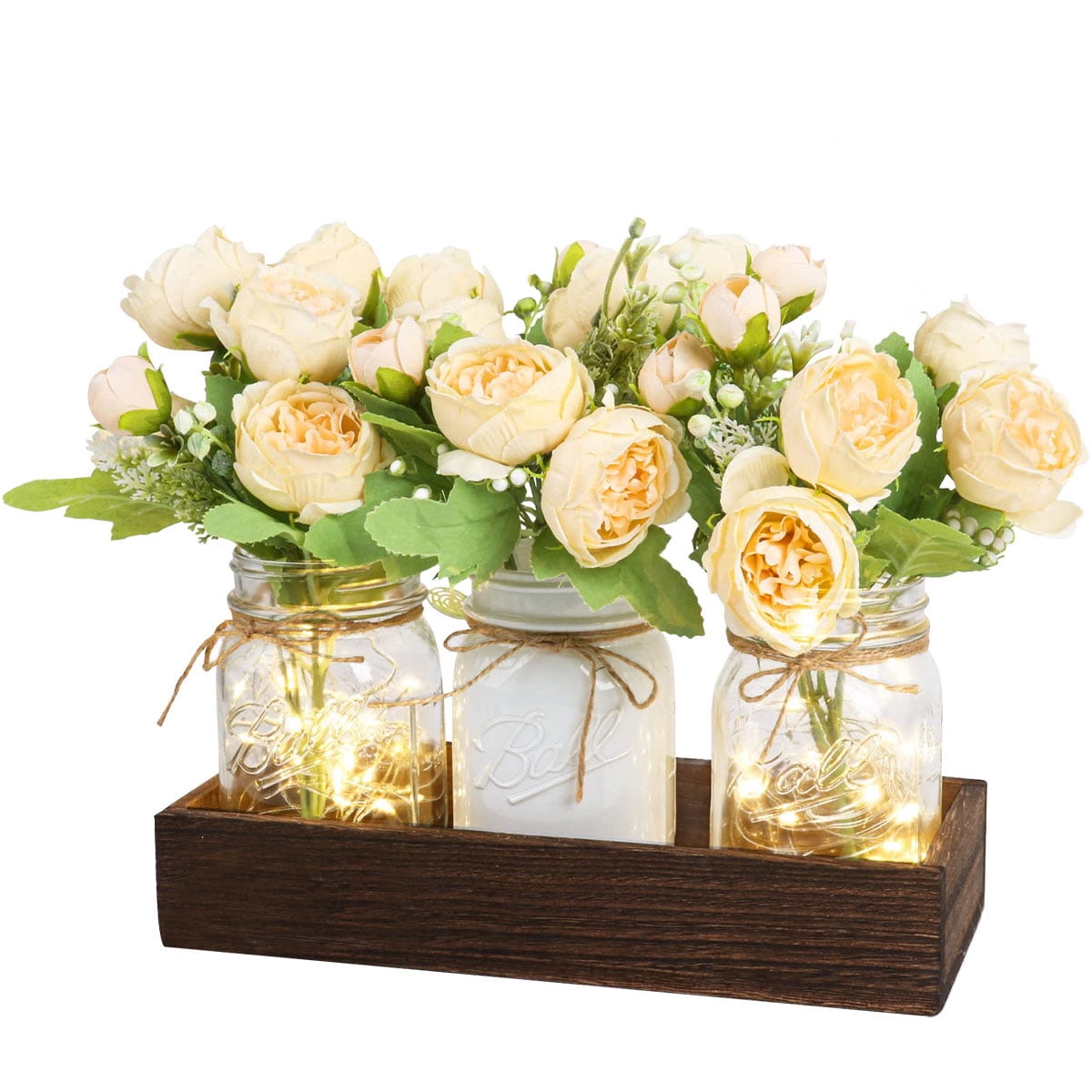 Mason Jar Lights Centerpiece Table Decorations for Farmhouse Coffee Table Wood Tray for Kitchen Dining Living Room Summer Decor