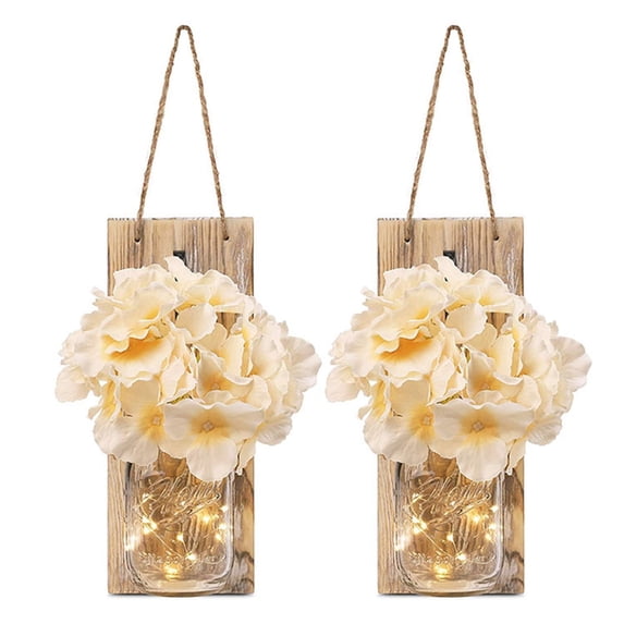 Mason Jar Lights with Flowers, Mason Jar Sconces for Wall Decor with 6-Hour Timer LED Fairy Light and Champagne Hydrangeas - for Farmhouse Kitchen Living Room Decor (Set of 2)