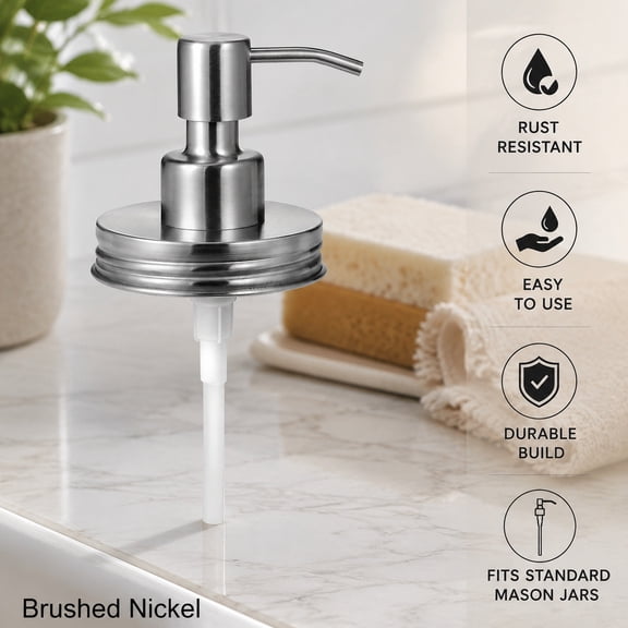 Mason Jar Liquid Soap Dispenser Pump, Rustproof Stainless Steel Lid, Farmhouse Decor for Kitchen & Bathroom, Refillable Hand Soap & Lotion Pump, Brushed Nickel