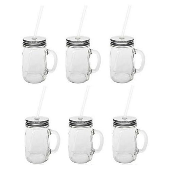 Mason Jar Mug Set with Handle & Lids - 6 Piece 16oz Drinking Glasses with Straws - Silver Lids, White Straws - for Parties, Weddings, BBQ