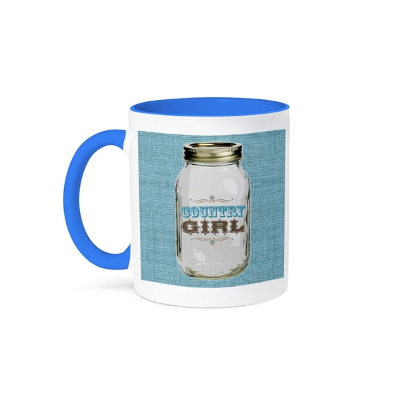 3dRose, Mason Jar on Burlap Country Girl in Blue, 15oz Two-Tone Blue Mug
