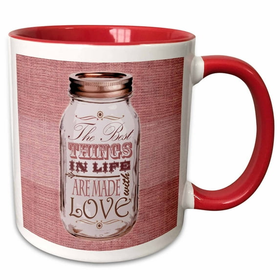 3drose, Mason Jar on Burlap Print Pink - the Best Things in Life Are Made with Love - Gifts for the Cook, 11oz Two-tone Red Mug