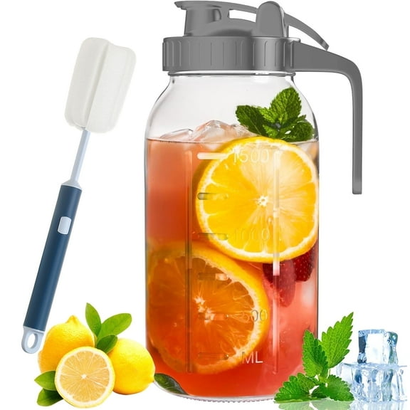 Mason Jar Pitcher with Lid Fridge Sun Tea Jar Pitcher Wide Mouth Leak-Proof Glass Tea Pitcher with Lid and Handle for Sun Tea, 64oz Breast Milk Pitcher, Gray