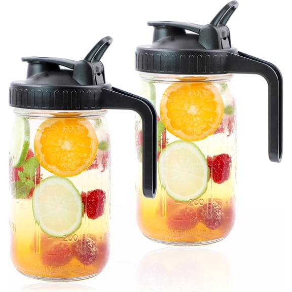 Mason Jar Pitcher With Pour Spout Lid (2 Pack) 32 Oz Wide Mouth Glass Pitcher With Handle And Flip Cap Lid 1 Quart Airtight Leak Proof Water Jugs For Iced Drinks, Iced Coffee, Milk, Lemonade