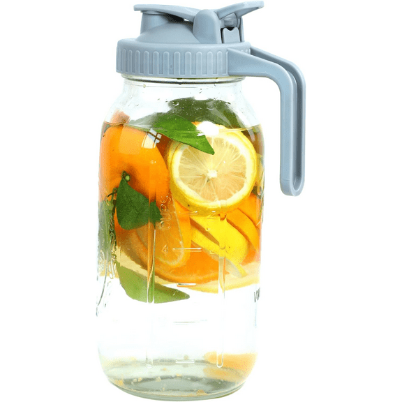 Mason Jar Pitcher With Pour Spout Lids & Handle 64 Oz Glass Wide Mouth Breastmilk Pitcher With Flip Cap 2 Quart For Fridge Iced Tea, Sun Tea, Juice, Coffee Lemonade Fruit Drinks Airtight Leak Proof