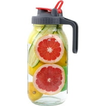 Mason Jar Pitcher With Pour Spout Lids & Handle 64 Oz Glass Wide Mouth Breastmilk Pitcher With Flip Cap 2 Quart For Fridge Iced Tea, Sun Tea, Juice, Coffee Lemonade Fruit Drinks Airtight Leak Proof