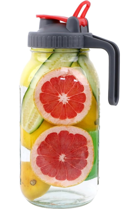 Mason Jar Pitcher With Pour Spout Lids & Handle 64 Oz Glass Wide Mouth Breastmilk Pitcher With Flip Cap 2 Quart For Fridge Iced Tea, Sun Tea, Juice, Coffee Lemonade Fruit Drinks Airtight Leak Proof