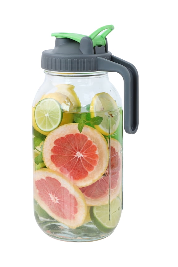 Mason Jar Pitcher With Spout and Lid 2 Quart Wide Mouth Jar Pitcher With Flip Cap & handle Half Gallon Glass Pitcher For Cold Coffee Iced Tea Breast Milk Fridge Airtight and Leak Proof