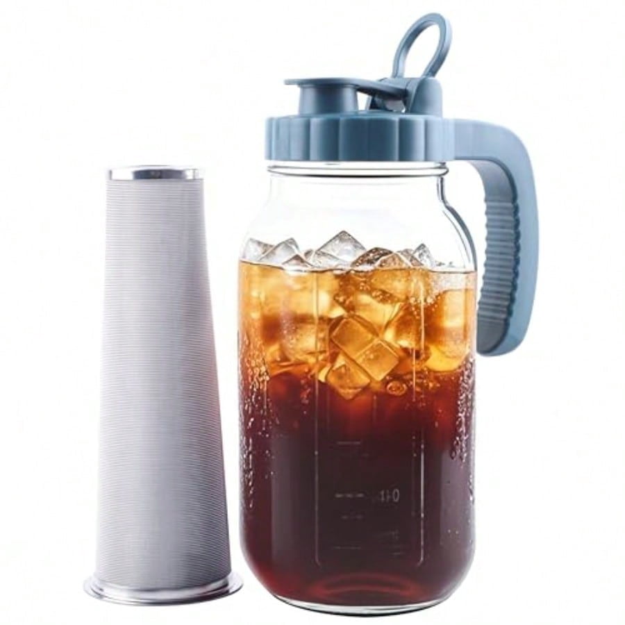 Mason Jar Pitcher With Stainless Steel Filter 64 OZ Wide Mouth Cold Brew Coffee Maker 2 Quart Glass water pitcher with lid Half Gallon Cold hot Tea maker For Lemonade Milk Juice Refrigerator