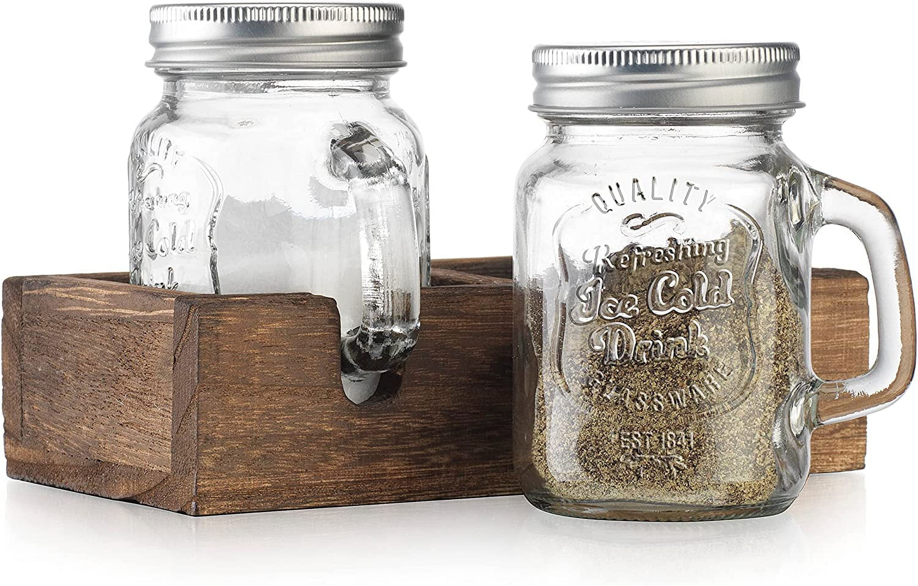 Mason Jar Salt and Pepper Shakers - Vintage Glass Condiment Dispenser Set with Wooden Holder Caddy - Farmhouse Kitchen Decor, Easy Refill 5-ounce Capacity with Stainless Steel Lids