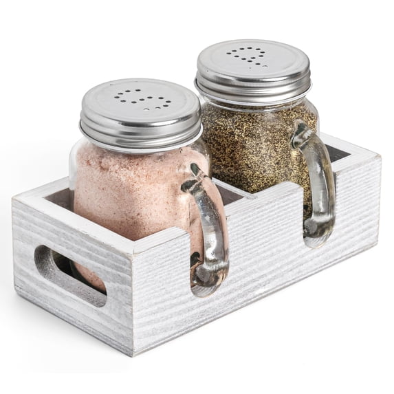 Example Shakers Mason Jar Salt and Pepper Shakers - Glass Shaker Set with Wood Holder ...