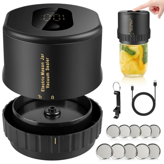 Electric Mason Jar Vacuum Sealer, FiveBox Vacuum Sealer for Wide-Mouth&Regular Mouth Mason Jars, Cordless Auto Stop Mason Jar Vacuum Sealer Kit with Can Opener for Food Storage and Fermentation,Black