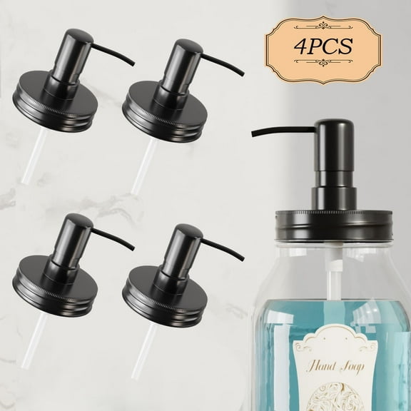 Mason Jar Soap Dispenser Lids with Pumps 4 pcs Black, for Regular Mouth Mason Jar, Rustproof Stainless Steel