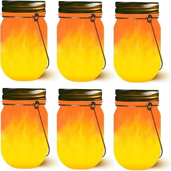 Mason Jar Solar Lights Lanterns, 6-Pack Amber Flame Flicker Lights with Glass Mason Jar,Best for Wedding Garden Patio Outdoor Solar Powered Hanging Lanterns(Jars & Hangers Included)