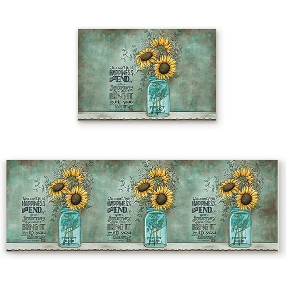 Mason Jar Sunflowers Kitchen Rugs and Mats Set of 2, Non Slip and Durable Comfort Floor Mat for Home Sink Laundry Office Use Nice Gift 18x30inch+18x47.2inch Vintage Style Farm Flowers