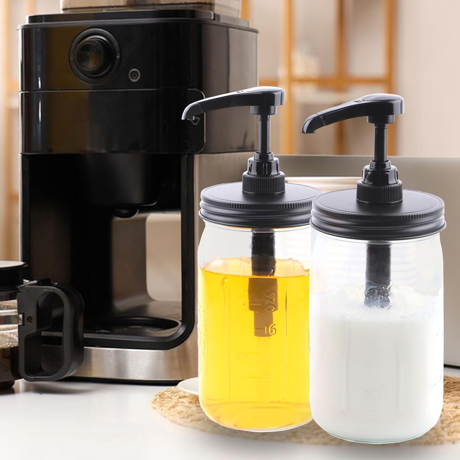 Mason Jar Syrup Dispenser Pump Lids Mason Jar Pump Lid Wide Mouth Airtight & Leak-Proof Coffee Bar Syrup Dispenser Pump Food Grade Honey Sauce Pump for Wide Mouth Mason Jar 4 Packs (Jar Not Included)