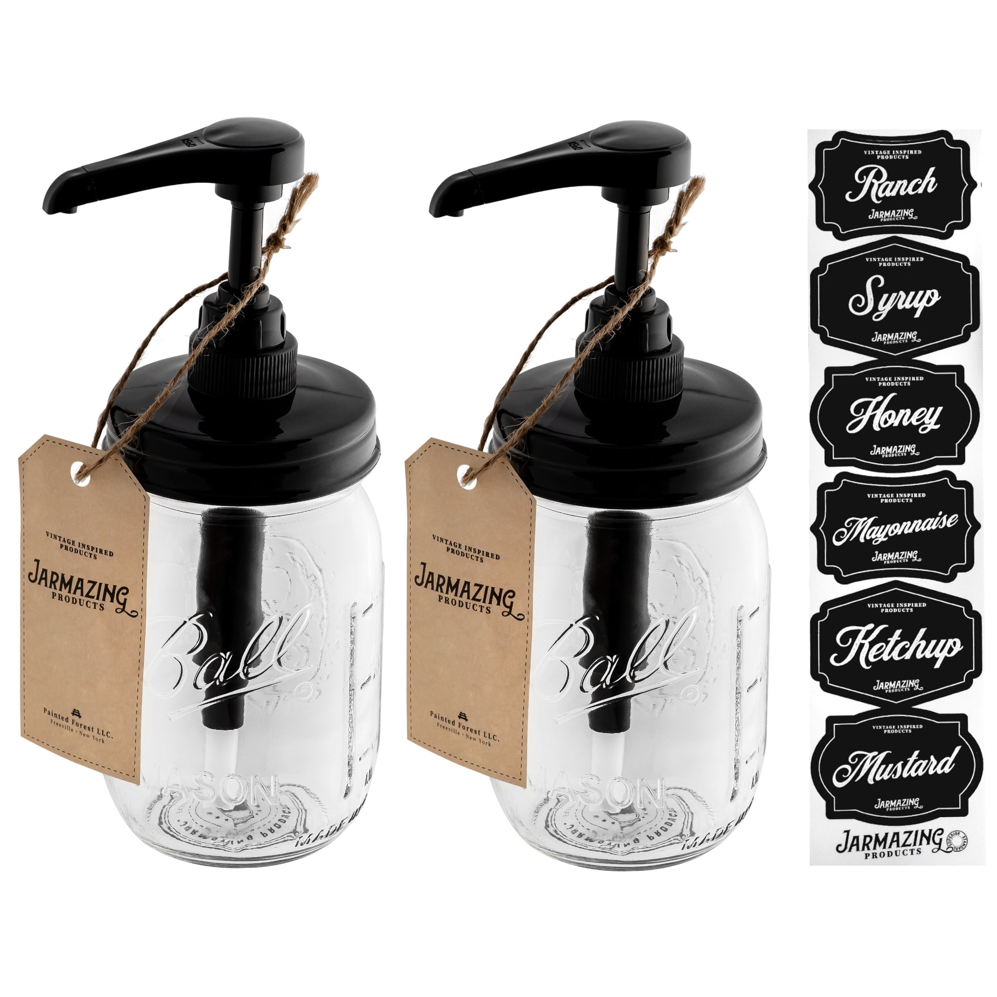 Mason Jar Syrup Dispenser - Set of 2 – 16 oz Ball Jars with Rust-Proof, Leak-Proof, Food Grade Pumps for Honey, Syrups, Condiments, Salad Dressings and More