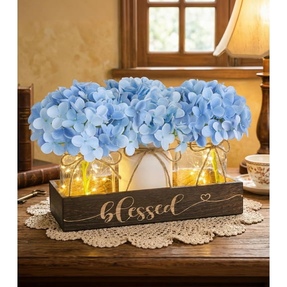 Mason Jar Table Centerpiece with Blue Hydrangea , Lighted Artificial Floral Arrangement with Tray, Rustic Table Decor for Kitchen Coffee Table Living Room
