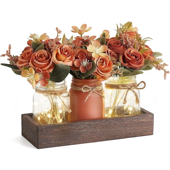 Mason Jar Farmhouse Table Centerpiece, with Wood Tray, LED Lights and Faux Orange Flowers, Rustic Home Decor for Dining Room