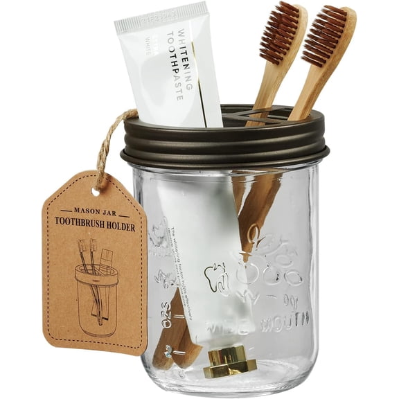 Mason Jar Toothbrush Holder- Rustproof Stainless Steel - Holds 2 Toothbrushes and Toothpaste,with Chalkboard Labels - Farmhouse Dcor Bathroom Countertop and Vanity Storage Organizer,Bronze
