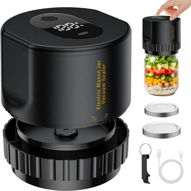 Mason Jar Vacuum 2 IN 1 Design Electric Mason Jar Vacuum Sealing Kit, Fully Automatic Suction Stop Food Storage Vacuum Sealer for Wide Mouth and Regular Mouth Mason Jars, Black
